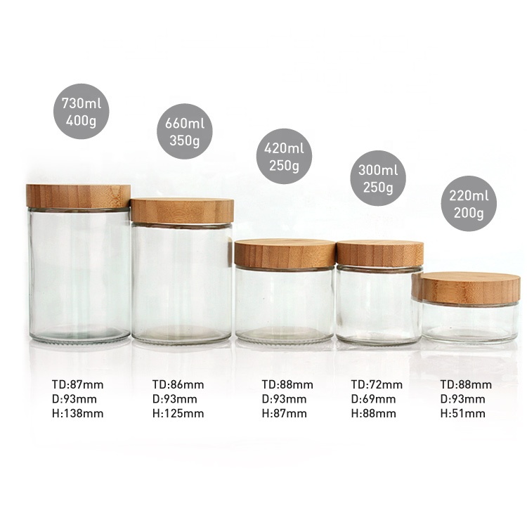 hot sell 300ml 10oz Clear Wide Mouth glass jar for food storage tea leaf with wooden bamboo lid