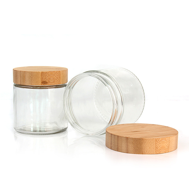 hot sell 300ml 10oz Clear Wide Mouth glass jar for food storage tea leaf with wooden bamboo lid