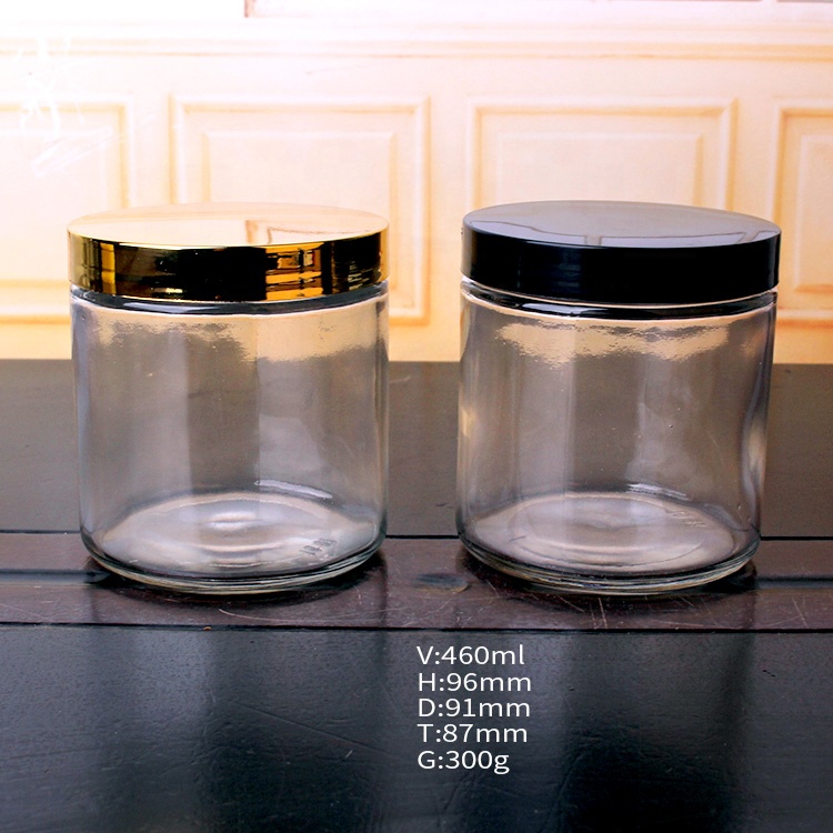 hot sell 450ml 16oz Clear Wide Mouth straight side glass food honey cookie jar with plastic screw lid