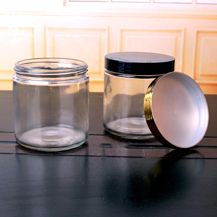 hot sell 450ml 16oz Clear Wide Mouth straight side glass food honey cookie jar with plastic screw lid