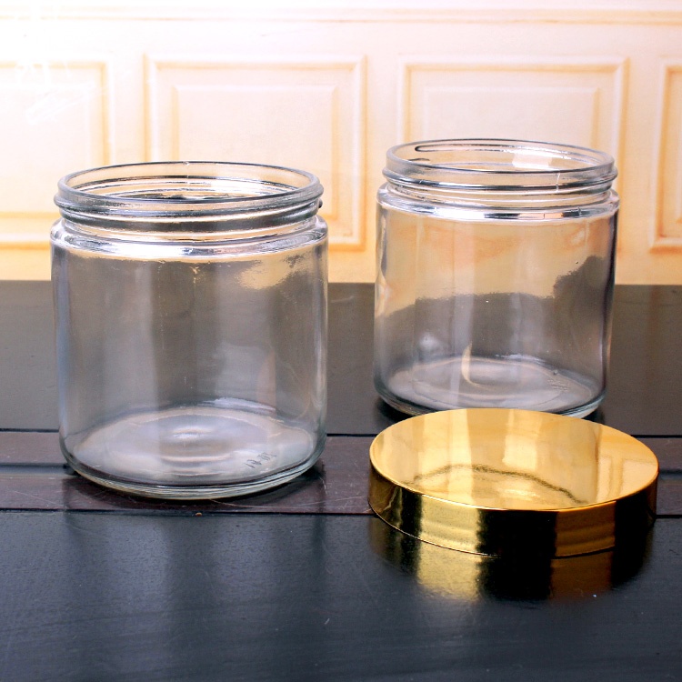hot sell 450ml 16oz Clear Wide Mouth straight side glass food honey cookie jar with plastic screw lid