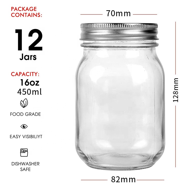 hot sell 480ml 16oz Clear Wide Mouth glass mason jar for food storage canning with metal screw lid