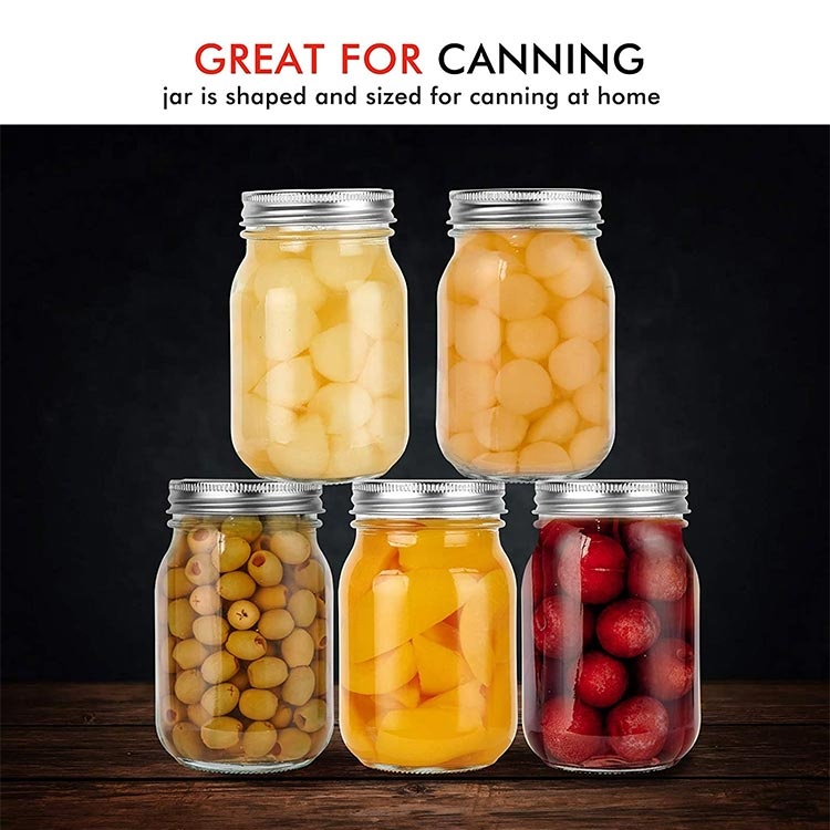 hot sell 480ml 16oz Clear Wide Mouth glass mason jar for food storage canning with metal screw lid