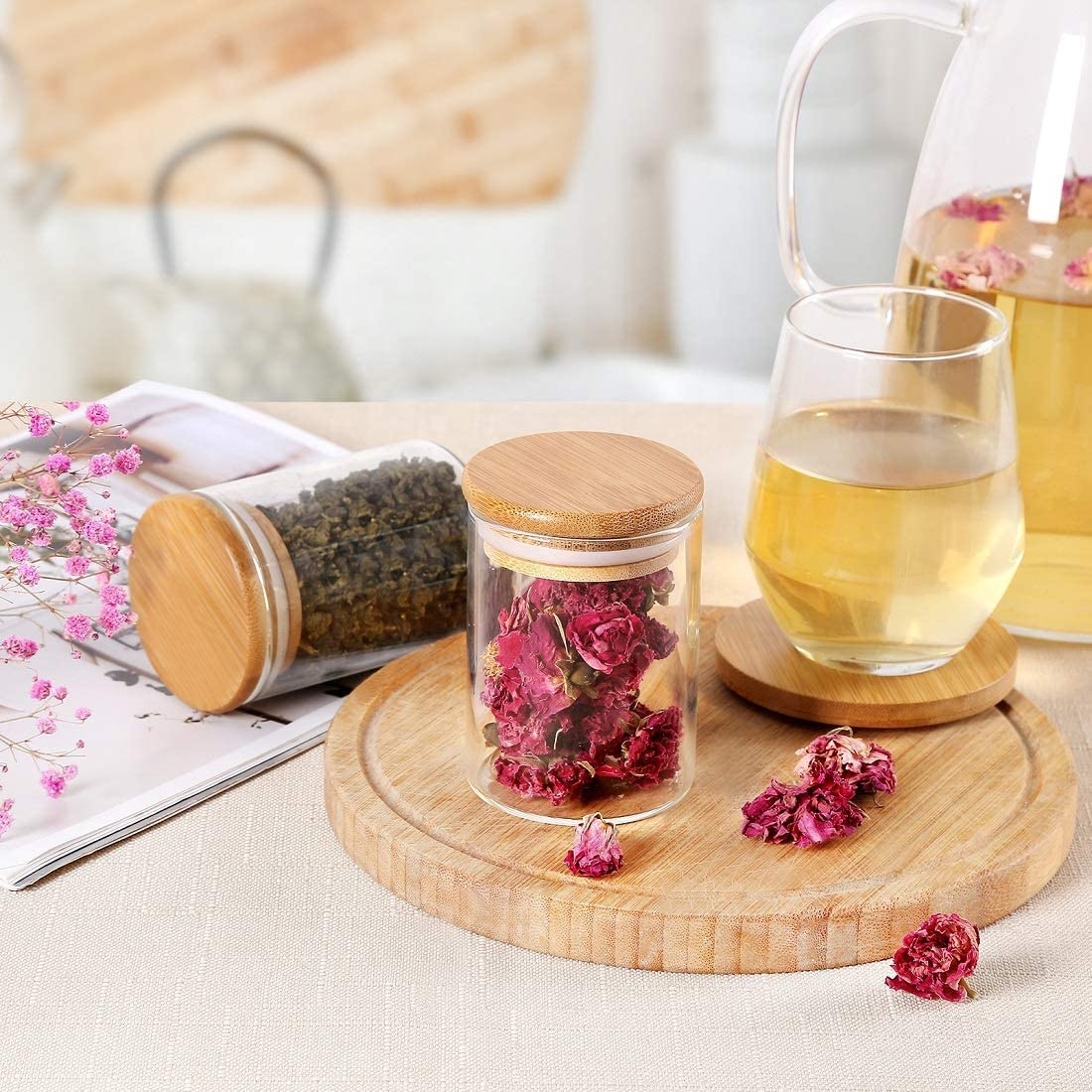 hot sell mini airtight cylinder food candy 4 oz containers with wooden top lid small glass storage jars