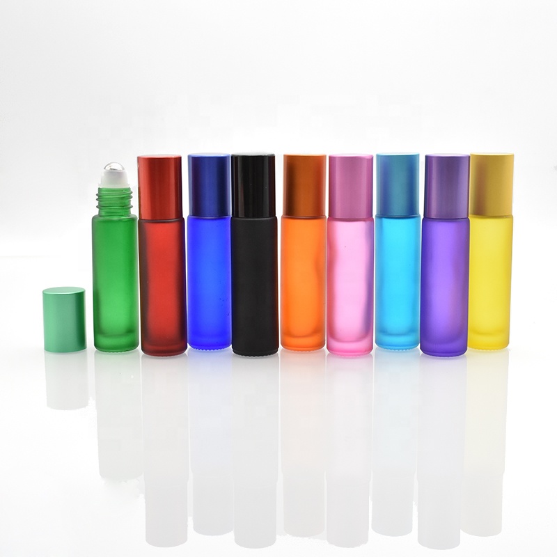 hot selling 10ml colorful frosted glass roll on bottles with stainless steel roller and color cap for essential oil