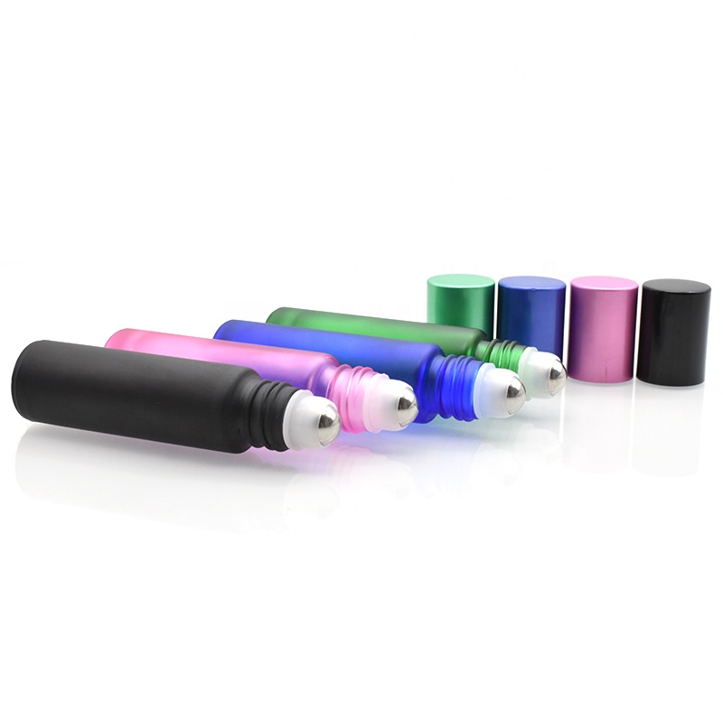 hot selling 10ml colorful frosted glass roll on bottles with stainless steel roller and color cap for essential oil