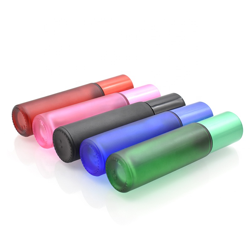 hot selling 10ml colorful frosted glass roll on bottles with stainless steel roller and color cap for essential oil