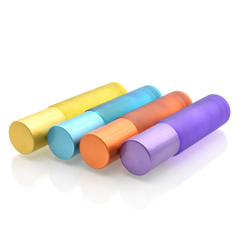 hot selling 10ml colorful frosted glass roll on bottles with stainless steel roller and color cap for essential oil