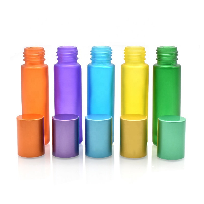 hot selling 10ml colorful frosted glass roll on bottles with stainless steel roller and color cap for essential oil