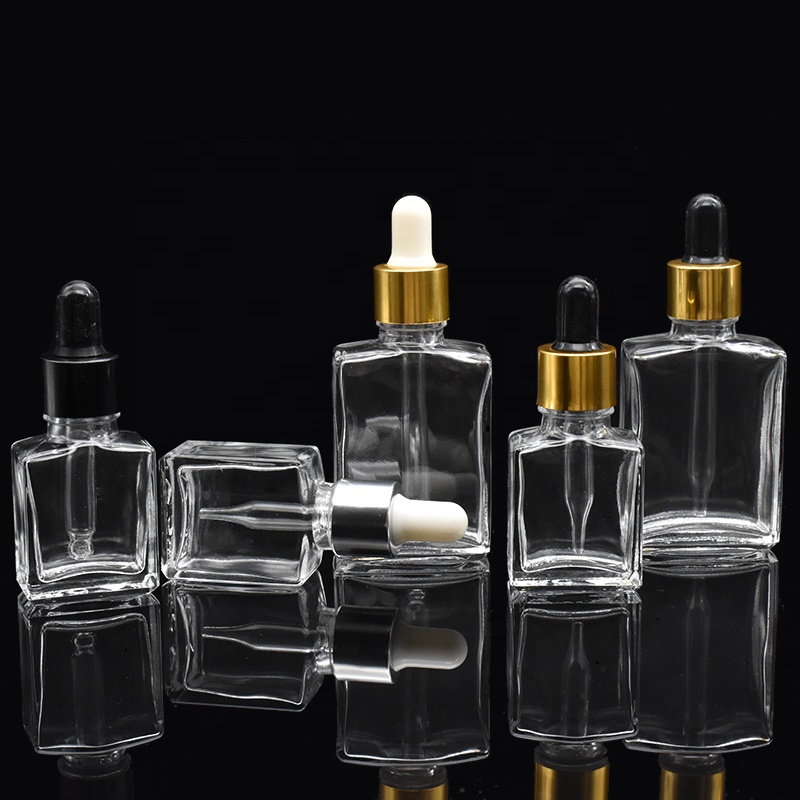 hot selling 15ml 1oz clear square glass bottle 30ml rectangle cosmetic essential oil bottle with dropper cap
