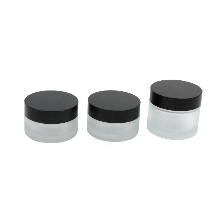 hot selling 20g 30g 50g straight round frosted transparent matte glass cream jar with black plastic cover