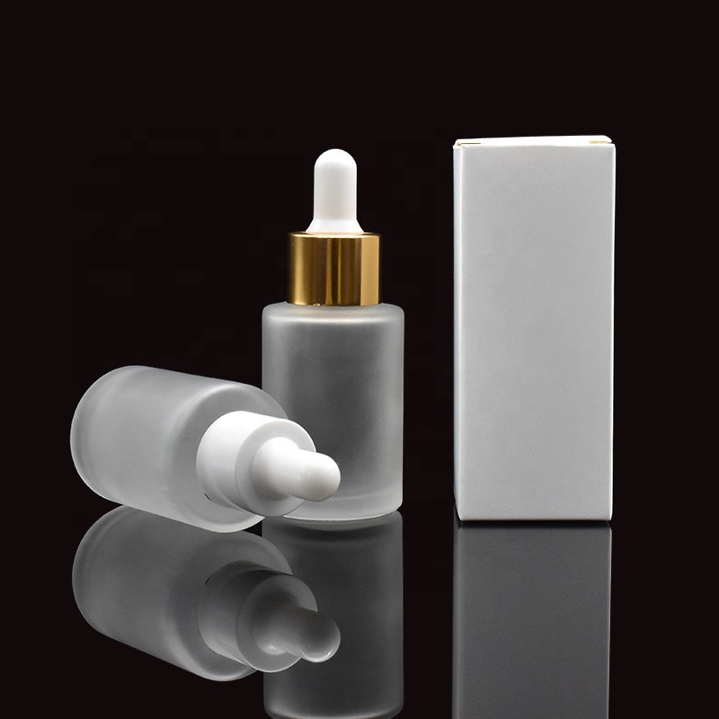hot selling 30ml frosted flat shoulder glass cosmetic bottle with white paper boxes for essential oil