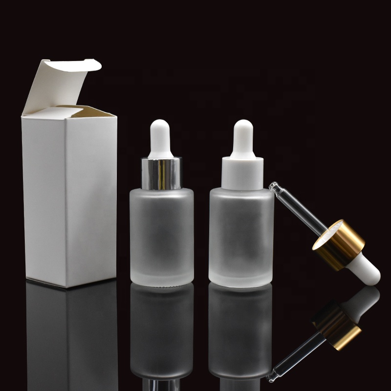hot selling 30ml frosted flat shoulder glass cosmetic bottle with white paper boxes for essential oil