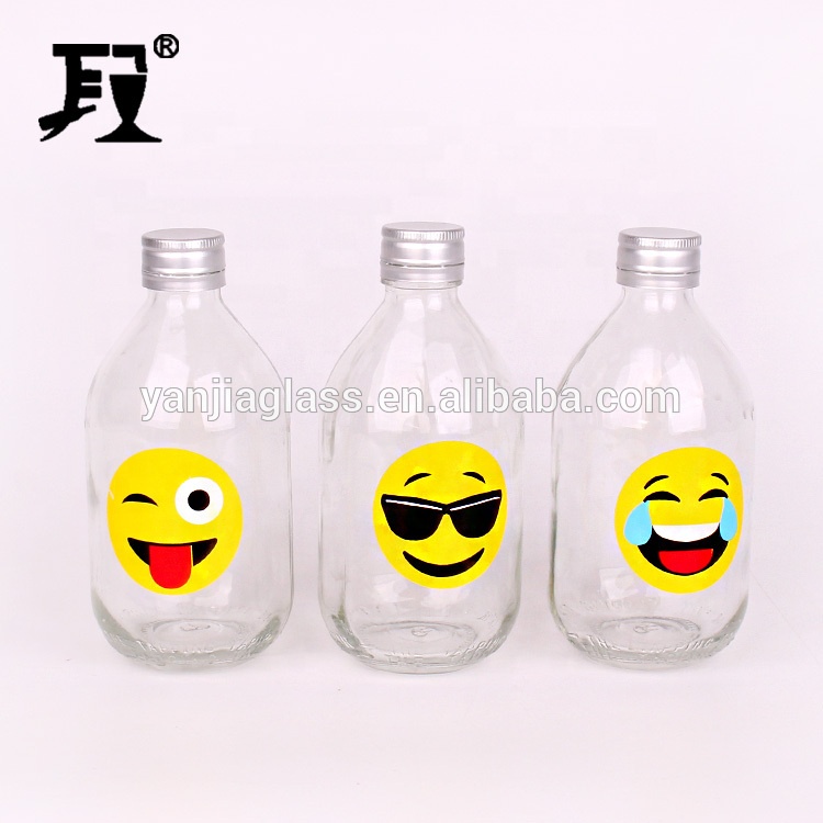 hot selling 330ml clear round glass bottle with screw top lids funny design of juice bottle