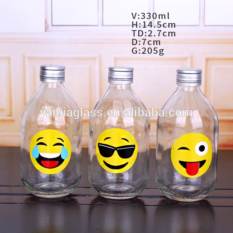 hot selling 330ml clear round glass bottle with screw top lids funny design of juice bottle