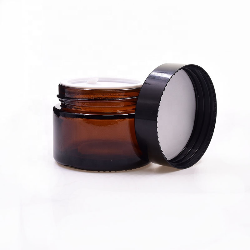 hot selling 50ml amber straight side round amber medical oils wax cbd hanf knospe flower packaging glass jar with plastic lid