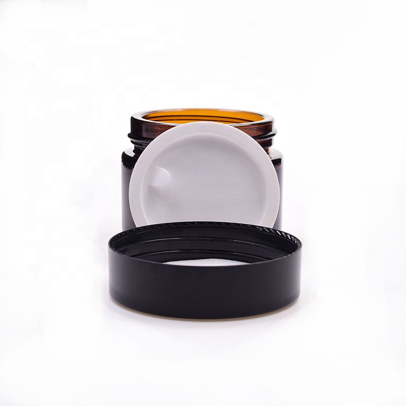 hot selling 50ml amber straight side round amber medical oils wax cbd hanf knospe flower packaging glass jar with plastic lid