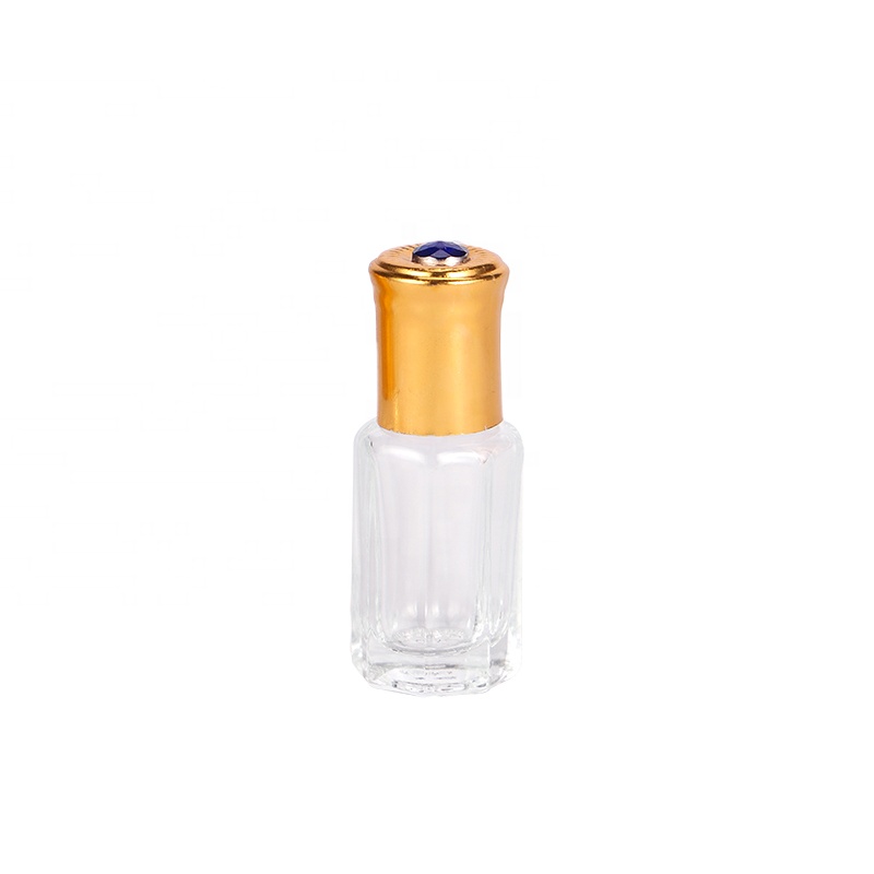 hot selling 6ml empty cosmetic eye cream essential oil octagonal perfume attar oil clear gold cap glass roll on bottles