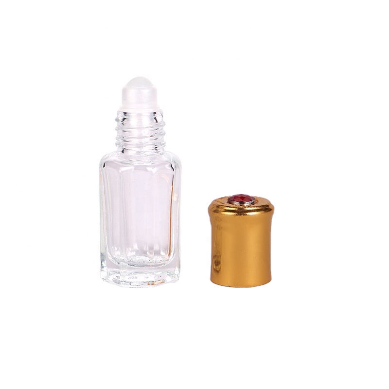 hot selling 6ml empty cosmetic eye cream essential oil octagonal perfume attar oil clear gold cap glass roll on bottles