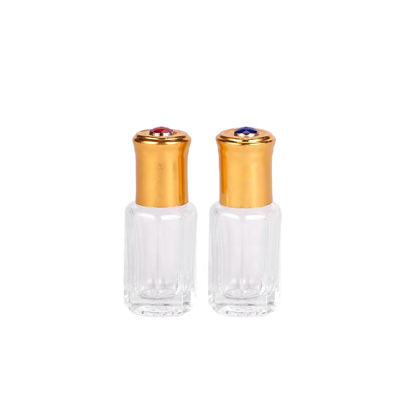 hot selling 6ml empty cosmetic eye cream essential oil octagonal perfume attar oil clear gold cap glass roll on bottles
