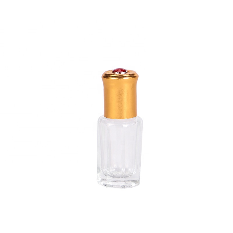 hot selling 6ml empty cosmetic eye cream essential oil octagonal perfume attar oil clear gold cap glass roll on bottles