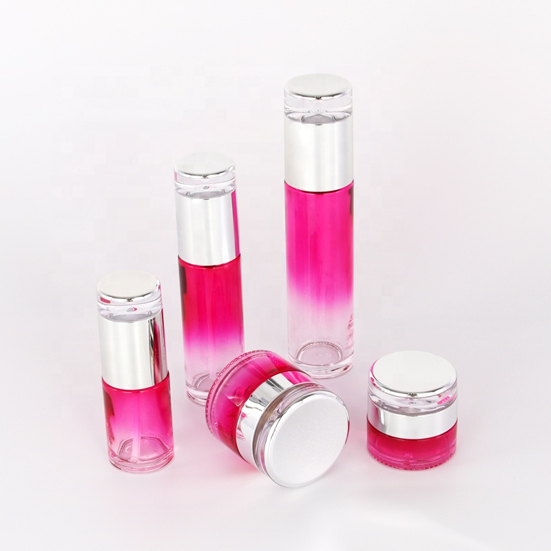hot selling gradually varied clear pink straight round glass bottle and jar for skincare