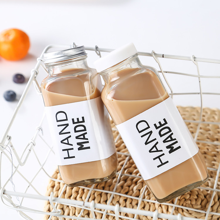 hot selling ins style square glass juice  bottles 250ml 350ml milk tea bottle with cap