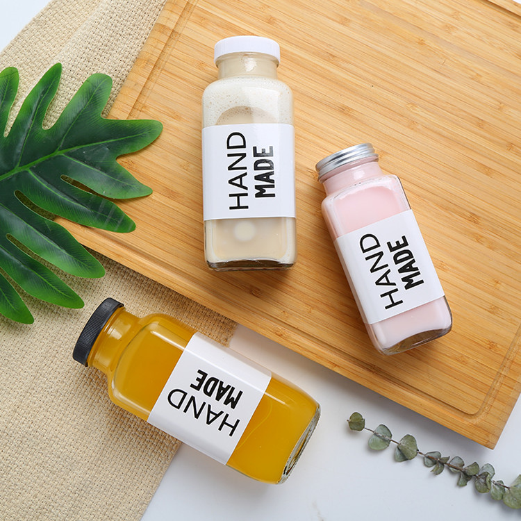 hot selling ins style square glass juice bottles 250ml 350ml milk tea bottle with cap