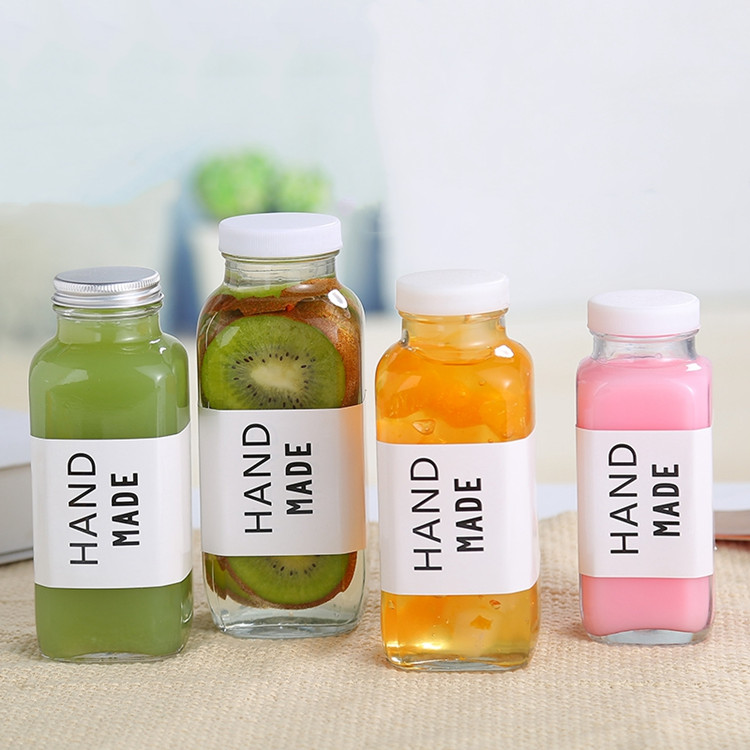hot selling ins style square glass juice bottles 250ml 350ml milk tea bottle with cap