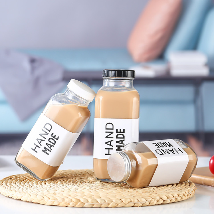 hot selling ins style square glass juice bottles 250ml 350ml milk tea bottle with cap