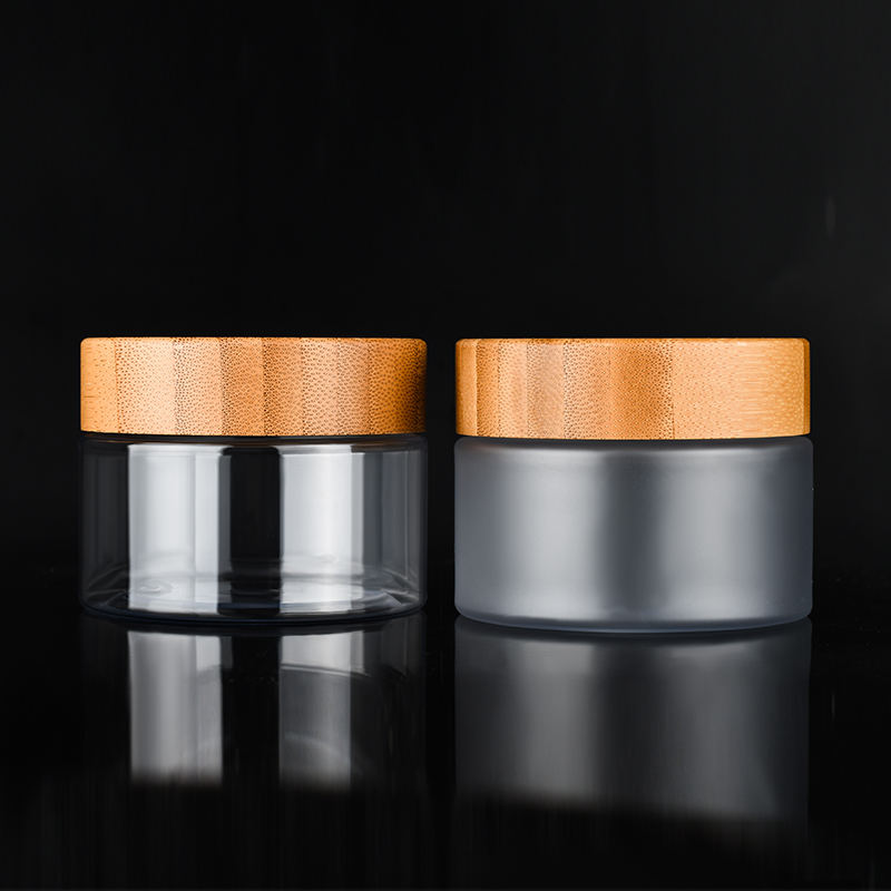 hot selling new design 100ml 150ml 200ml 250ml food grade plastic cosmetic pet jar with bamboo cap