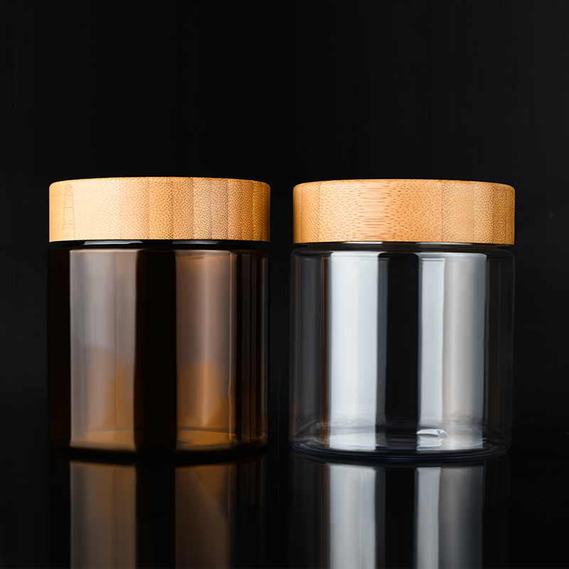hot selling new design 100ml 150ml 200ml 250ml food grade plastic cosmetic pet jar with bamboo cap