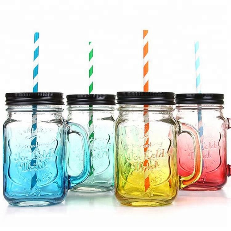 hot selling transparent beverage glass bottle for food and beverage glass mason cup with handle and straw