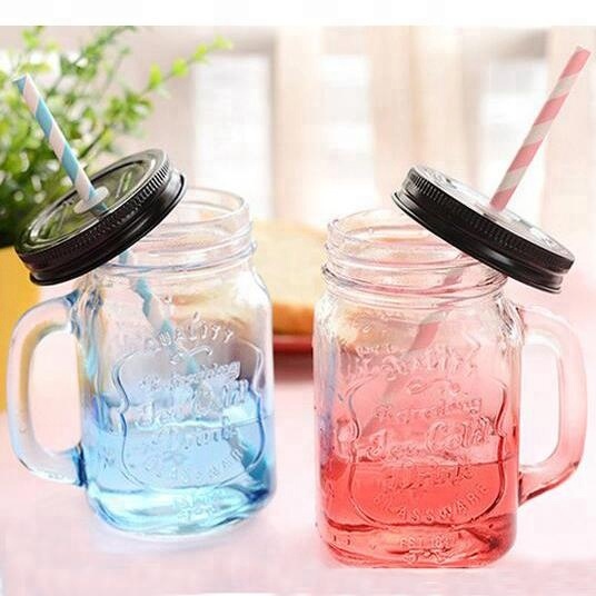 hot selling transparent beverage glass bottle for food and beverage glass mason cup with handle and straw