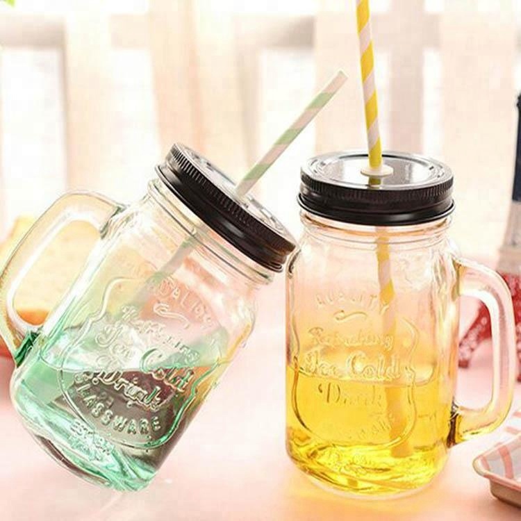 hot selling transparent beverage glass bottle for food and beverage glass mason cup with handle and straw