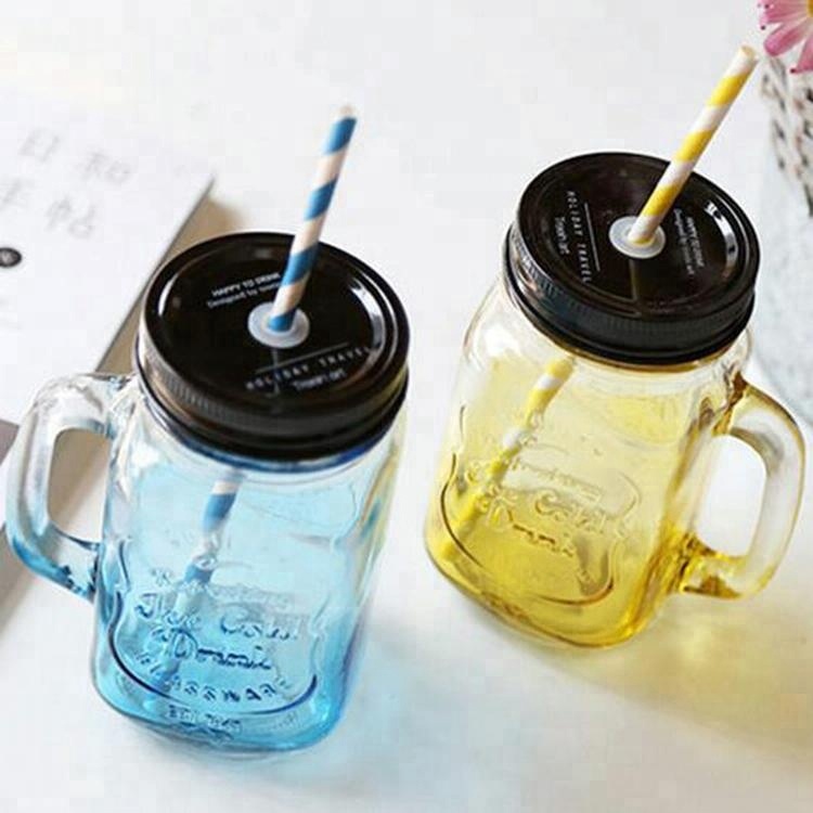 hot selling transparent beverage glass bottle for food and beverage glass mason cup with handle and straw
