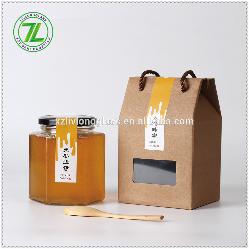 hot selling whole 1000g 730ml 35oz glass bee shaped honey jar glass hexagonal jar for honey package with metal lids