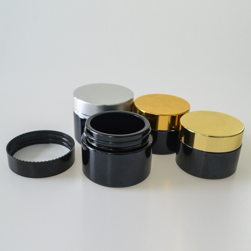 hot selling wholesale 30g 50g black glass cosmetic container jar gold lid