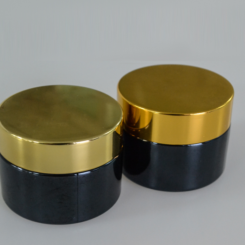 hot selling wholesale 30g 50g black glass cosmetic container jar gold lid