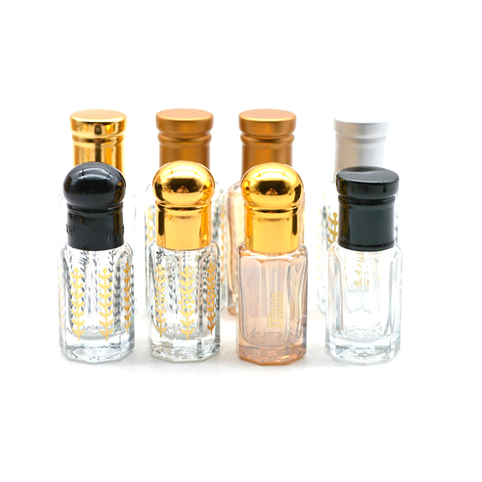hot stamping golden logo 3ml 6ml 12ml hot sale octagonal perfume oil attar glass bottle