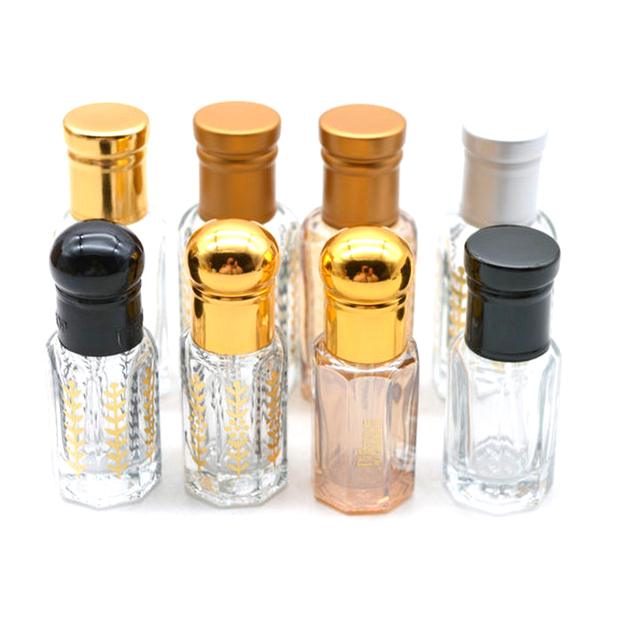 hot stamping golden logo 3ml 6ml 12ml hot sale octagonal perfume oil attar glass bottle