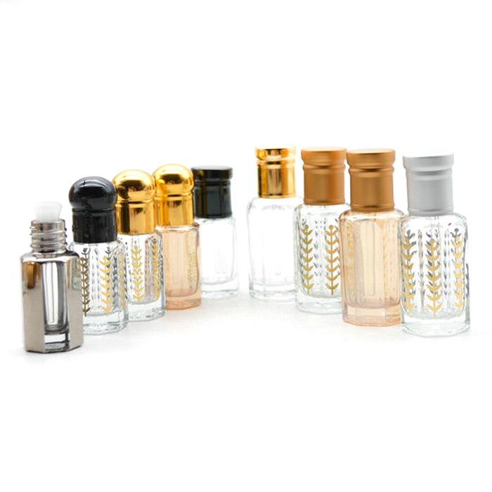 hot stamping golden logo 3ml 6ml 12ml hot sale octagonal perfume oil attar glass bottle