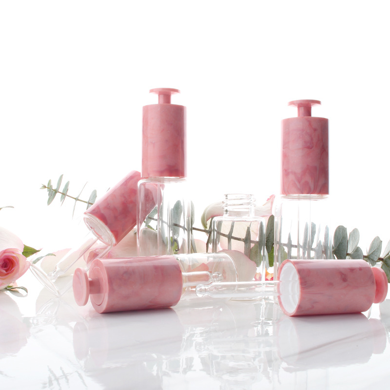 hotsale popular wholesale pink cap dropper bottle push dropper bottle 15ml 30ml oil dropper glass bottle