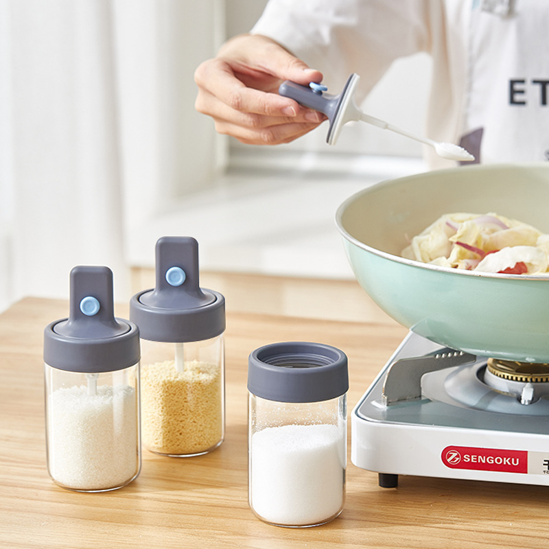 household glass seasoning jar bottle with spoon for kitchen