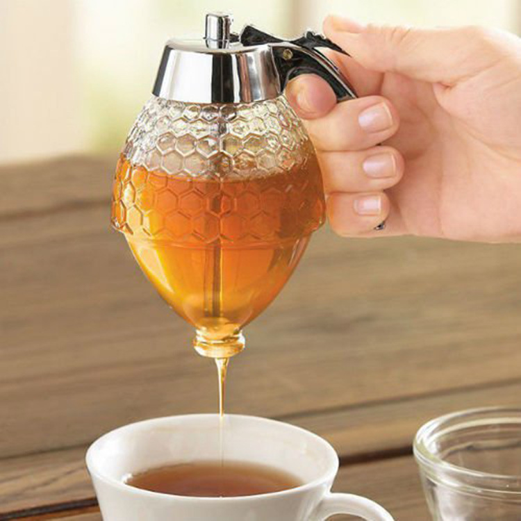 household honey storage bottle glass pot maple syrup dispenser glass honey pot jar with stand