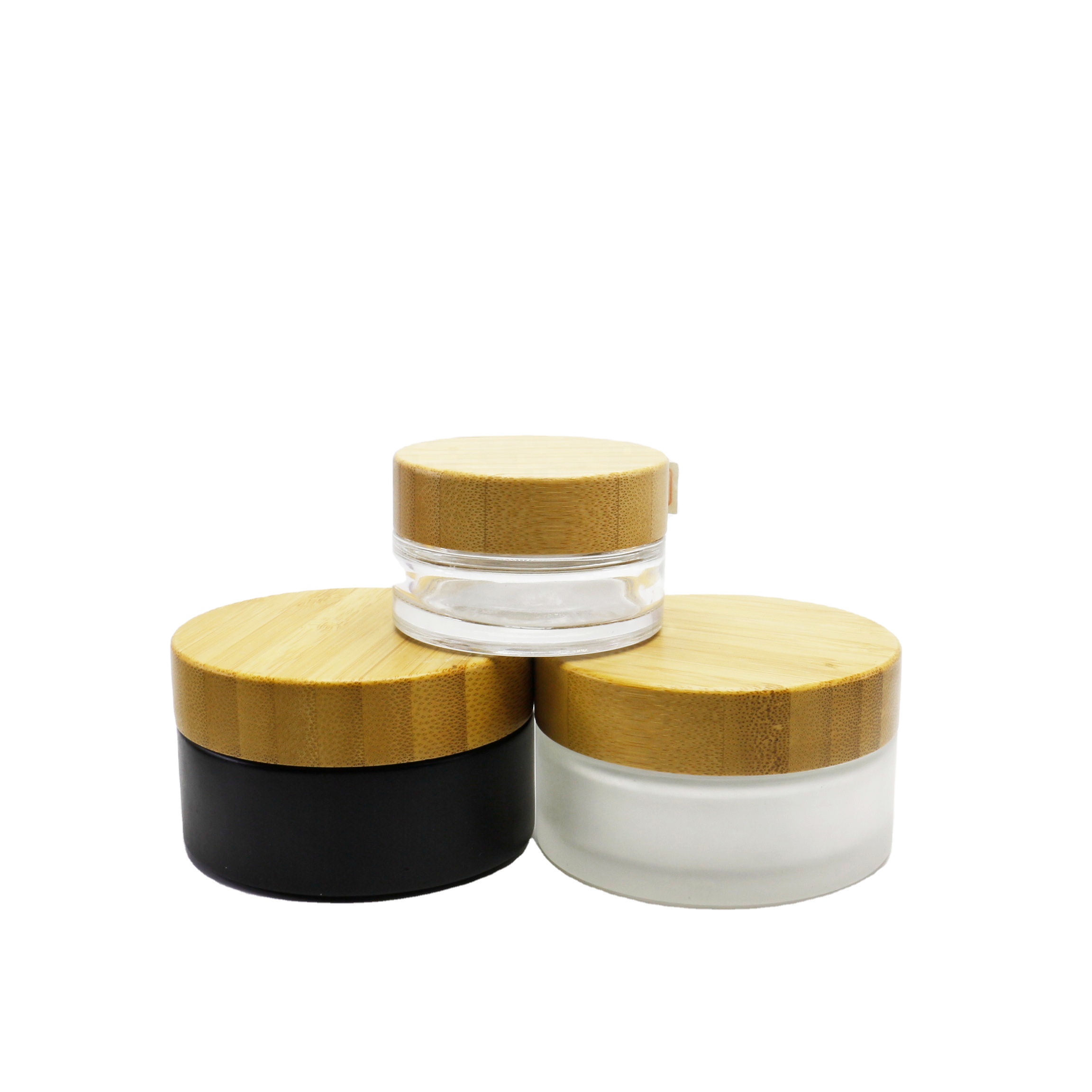 in stock 10ml 10g 15g 30g 50g 100g 4oz clear black glass bamboo lid cosmetic jar frosted glass jar with bamboo lid BJ-124A