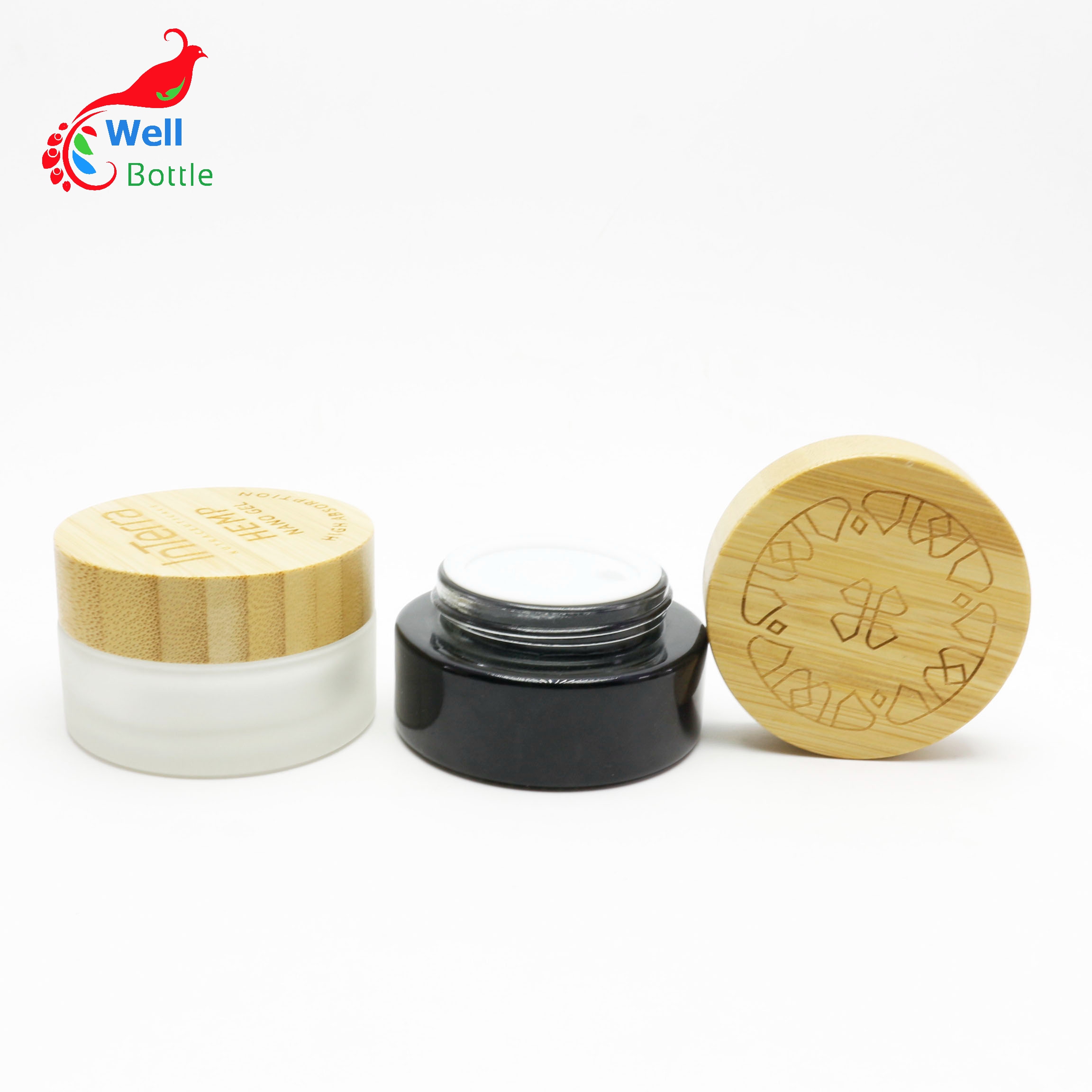 in stock 10ml 10g 15g 30g 50g 100g 4oz clear black glass bamboo lid cosmetic jar frosted glass jar with bamboo lid BJ-124A