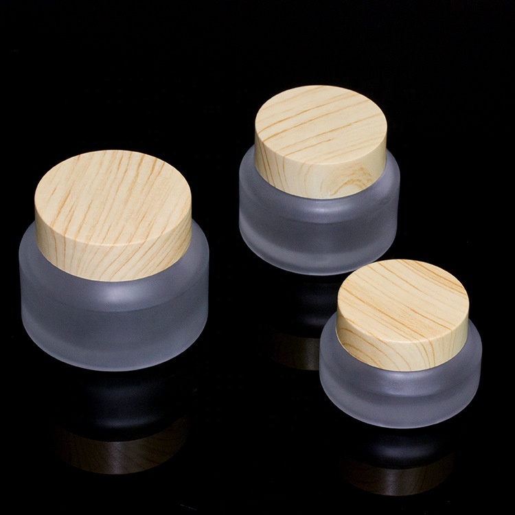 inclined shoulder wood grain 15 g 30g 50 g cosmetic packaging cream frosted glass jar with water transfer wooden lid and spoon