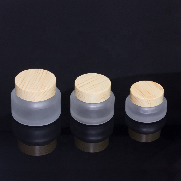 inclined shoulder wood grain 15 g 30g 50 g cosmetic packaging cream frosted glass jar with water transfer wooden lid and spoon