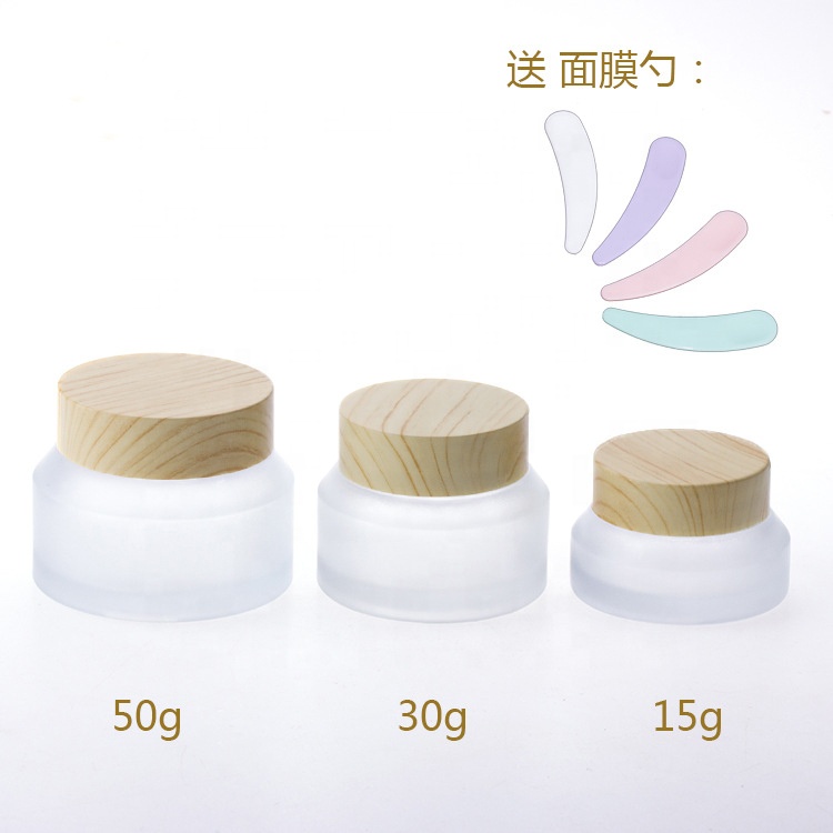 inclined shoulder wood grain 15 g 30g 50 g cosmetic packaging cream frosted glass jar with water transfer wooden lid and spoon